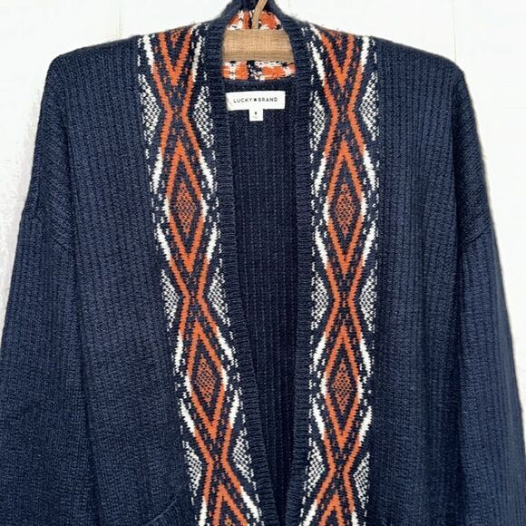 Lucky Brand Navy Orange White Gold Aztec Ribbed Knit Open Front Pocket Cardigan - Picture 3 of 12